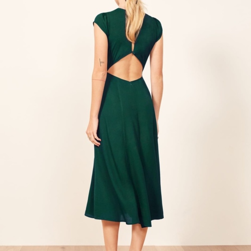 Reformation Forest Green Midi Dress with Open Back